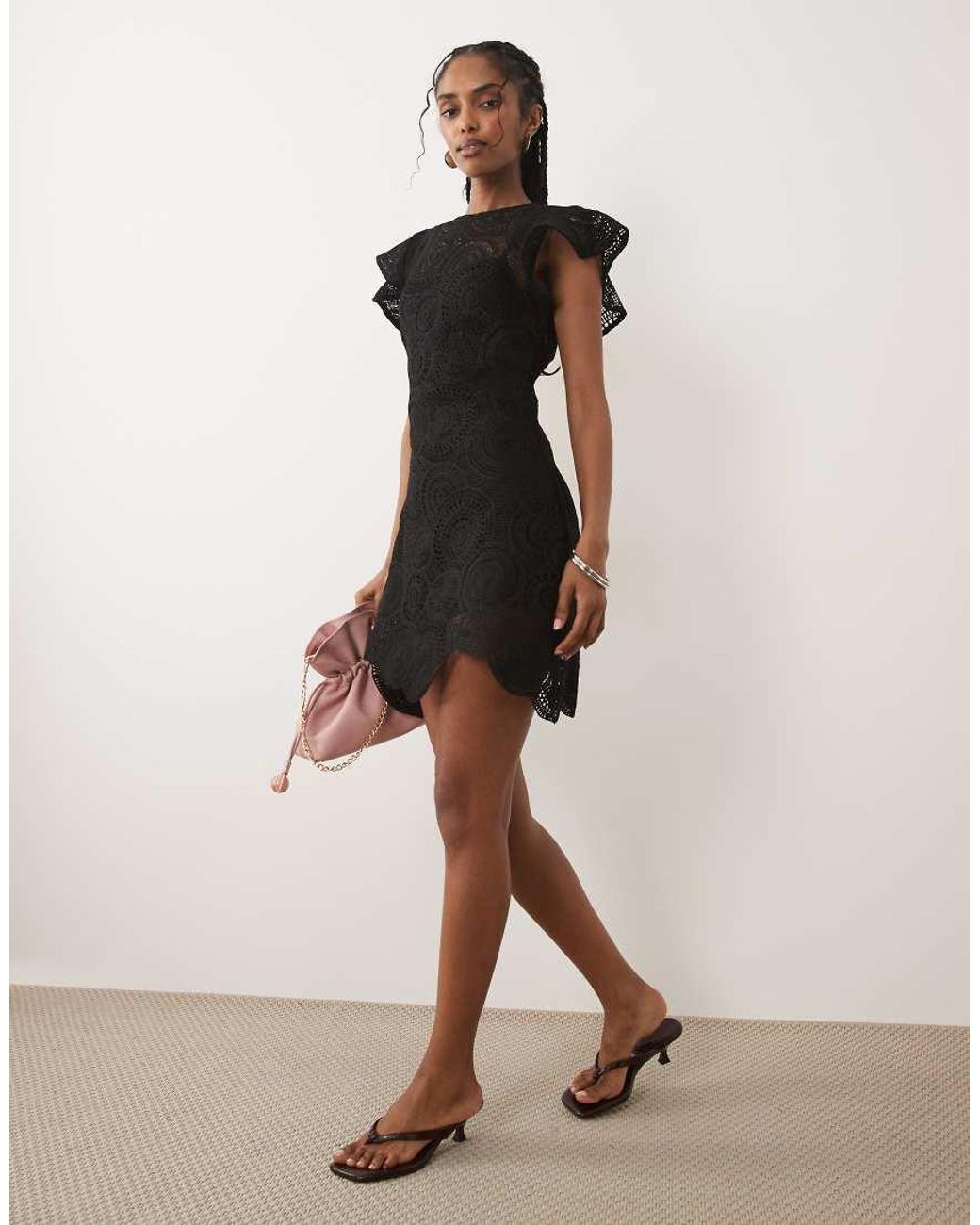 ASOS Black Crochet Flutter Sleeve Mini Dress