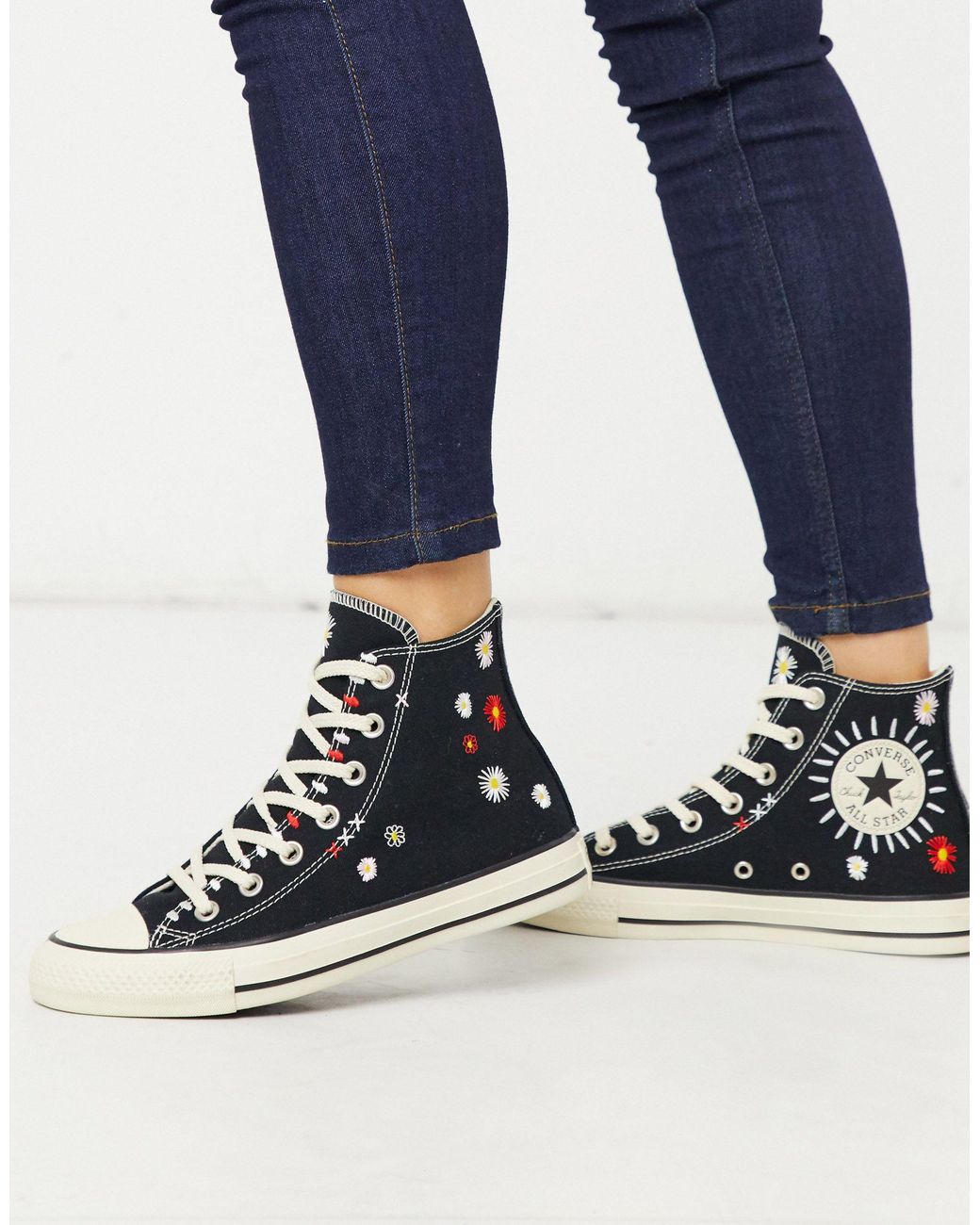 Converse Chuck Taylor All Star Hi Black Embroidered Floral Sneakers | Lyst