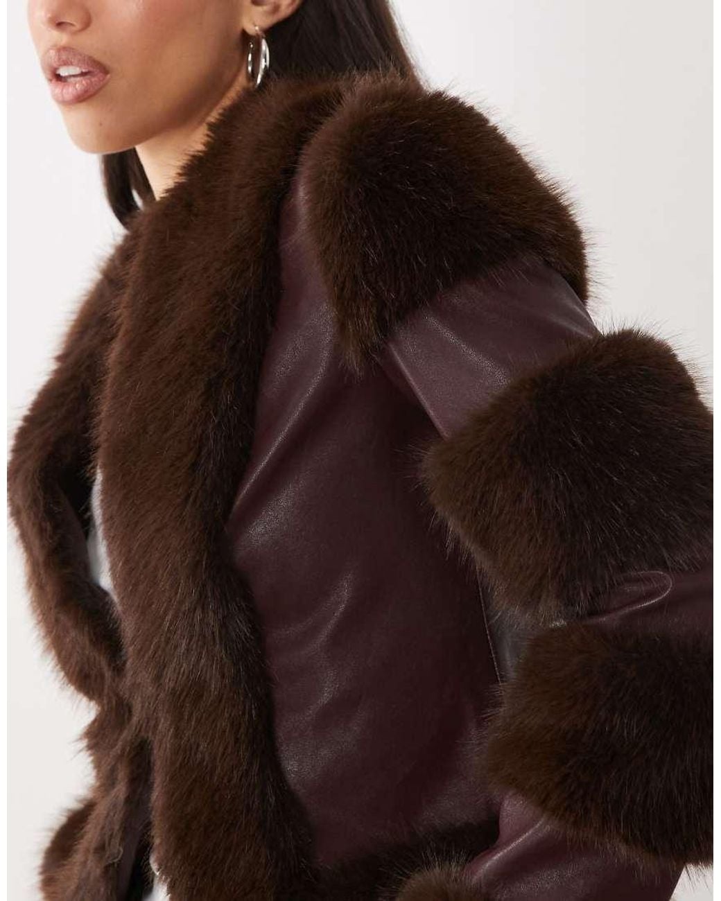 I.AM.GIA Brown Vrai Textured Leather Look Panelled Faux Fur Trim Fitted Jacket