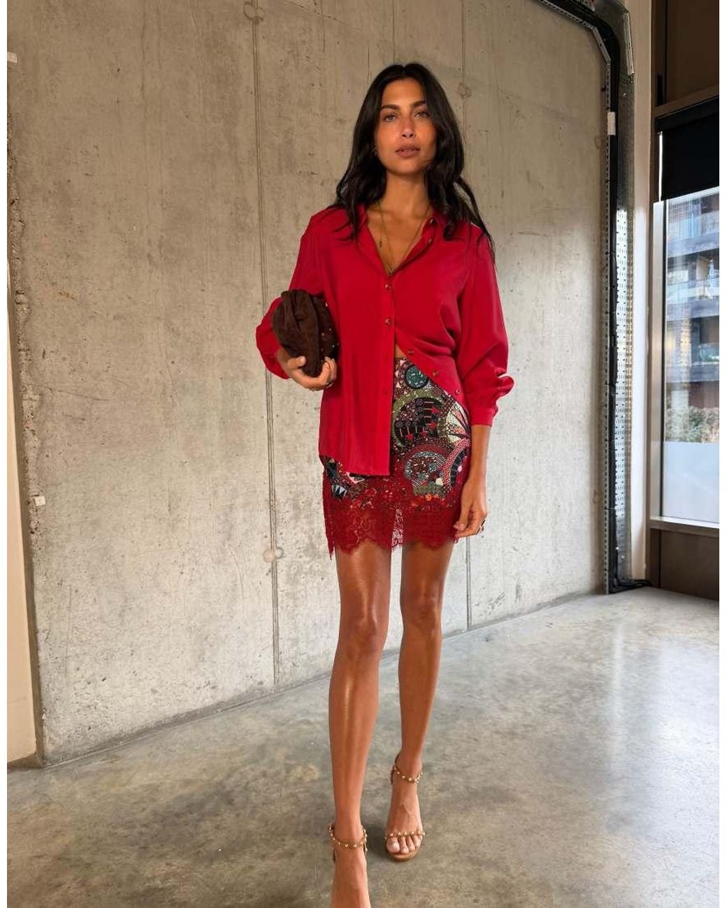 Never Fully Dressed Red Maeva Satin Lace Hem Mini Skirt