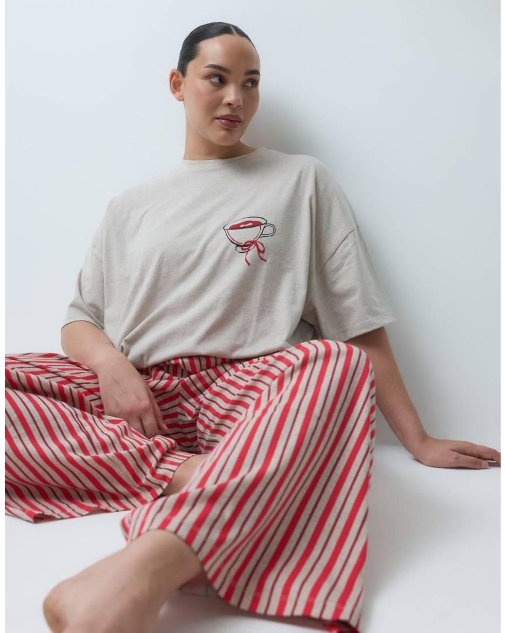 ASOS Red Asos Design Curve Oversized Tee And Wide Leg Pyjama Set With Tea Graphic