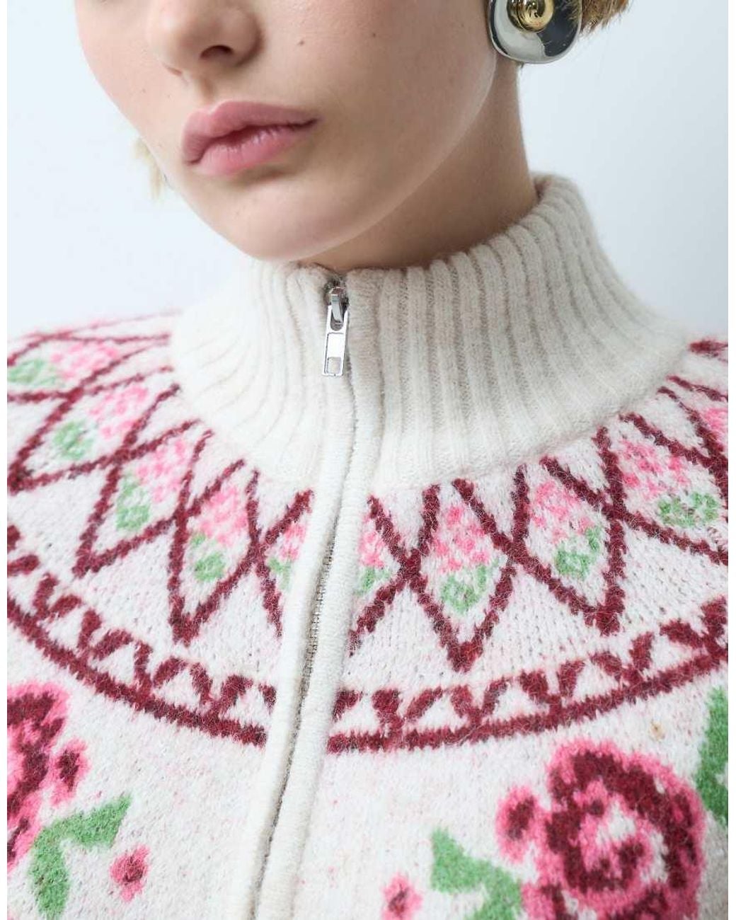 Miss Selfridge Gray Zip Funnel Neck Cardigan With Fairisle Pattern