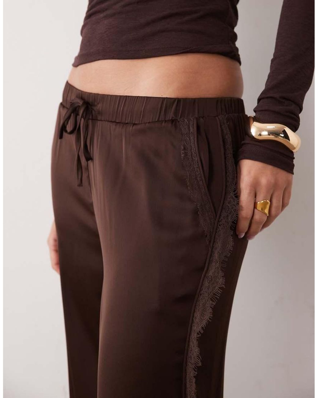 Noughts & Kisses Natural Arela Satin Tie Waist Lace Side Trim Detail Wide Leg Trousers