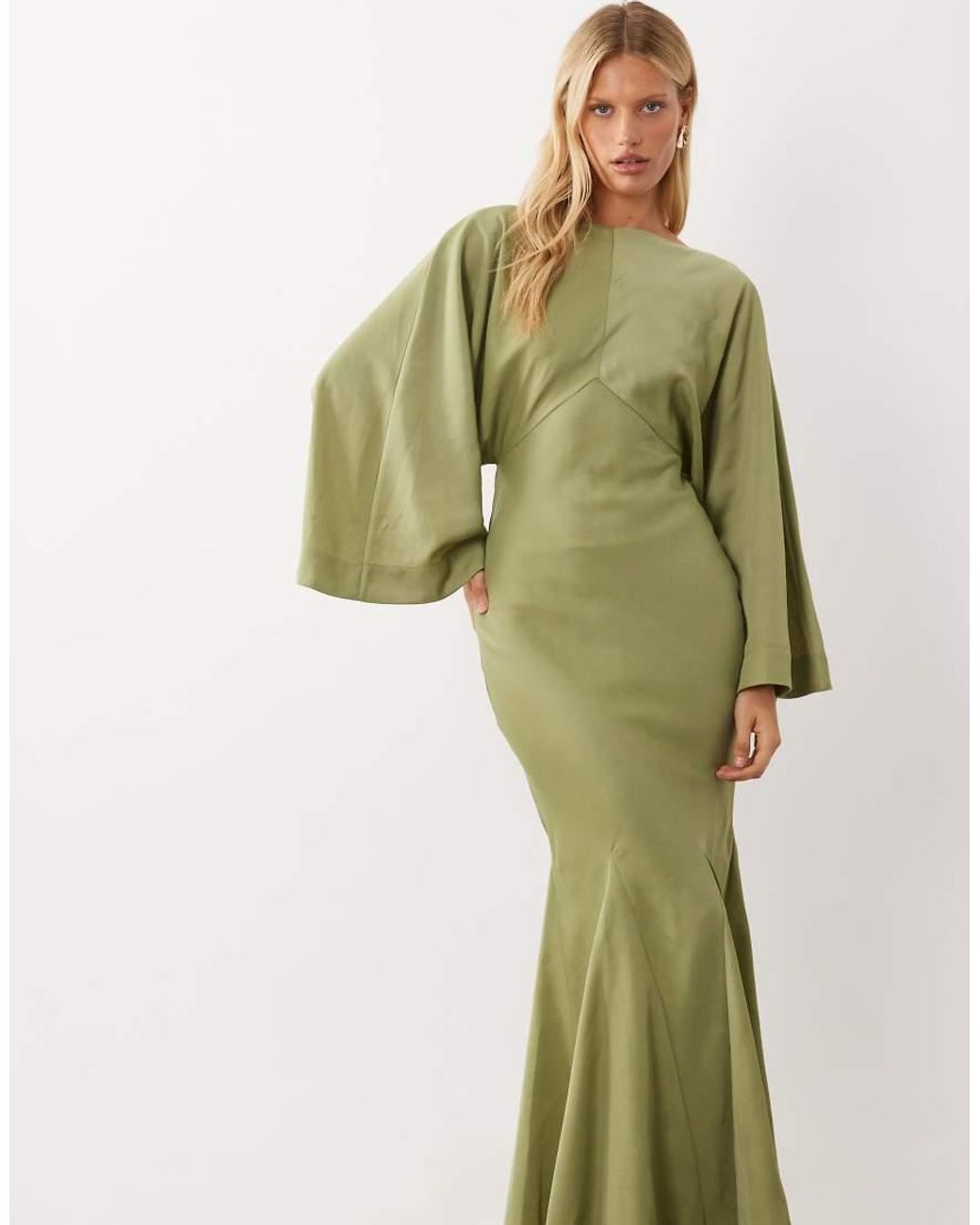 ASOS Green Cape Kimono Sleeve Maxi Dress With Godets And Tassel Tie Detail