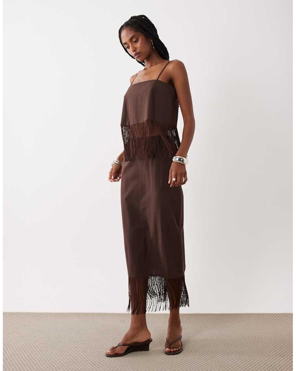 ASOS Brown Linen Blend Fringe Cami Top