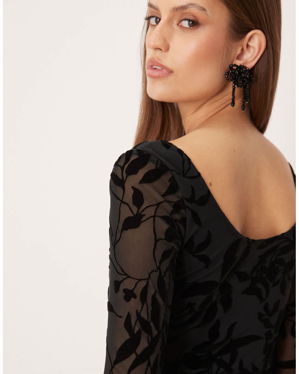 knee length dresses for ladies Sriti Mini Dress in Rose Flock Black , Bodycon , Plunge Neckline , Longline