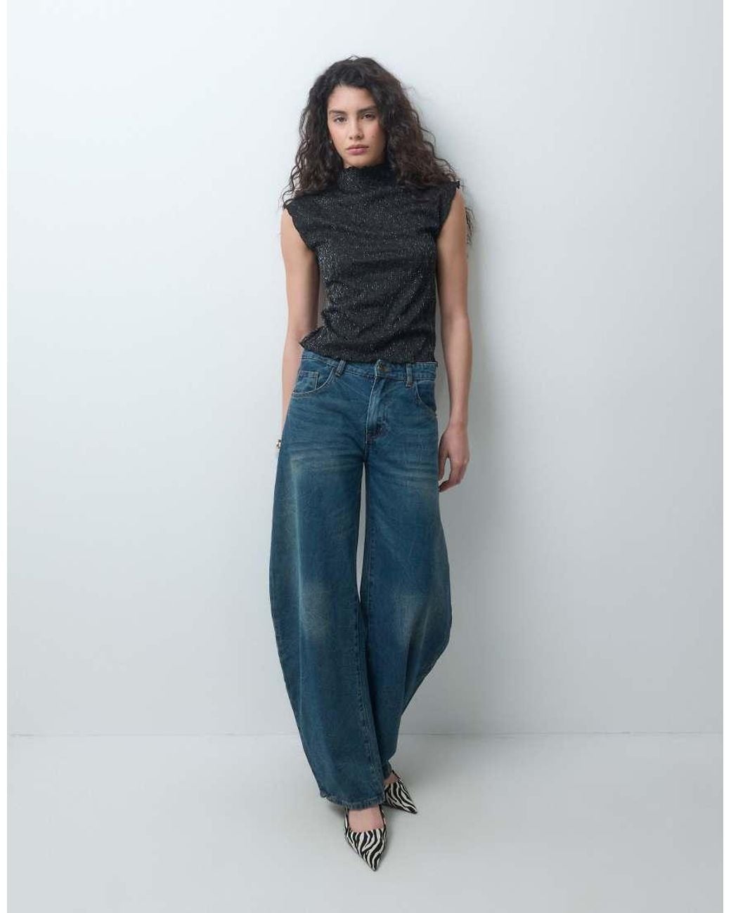 Vero Moda Blue Cap Sleeve Mock Neck Top With Glitter
