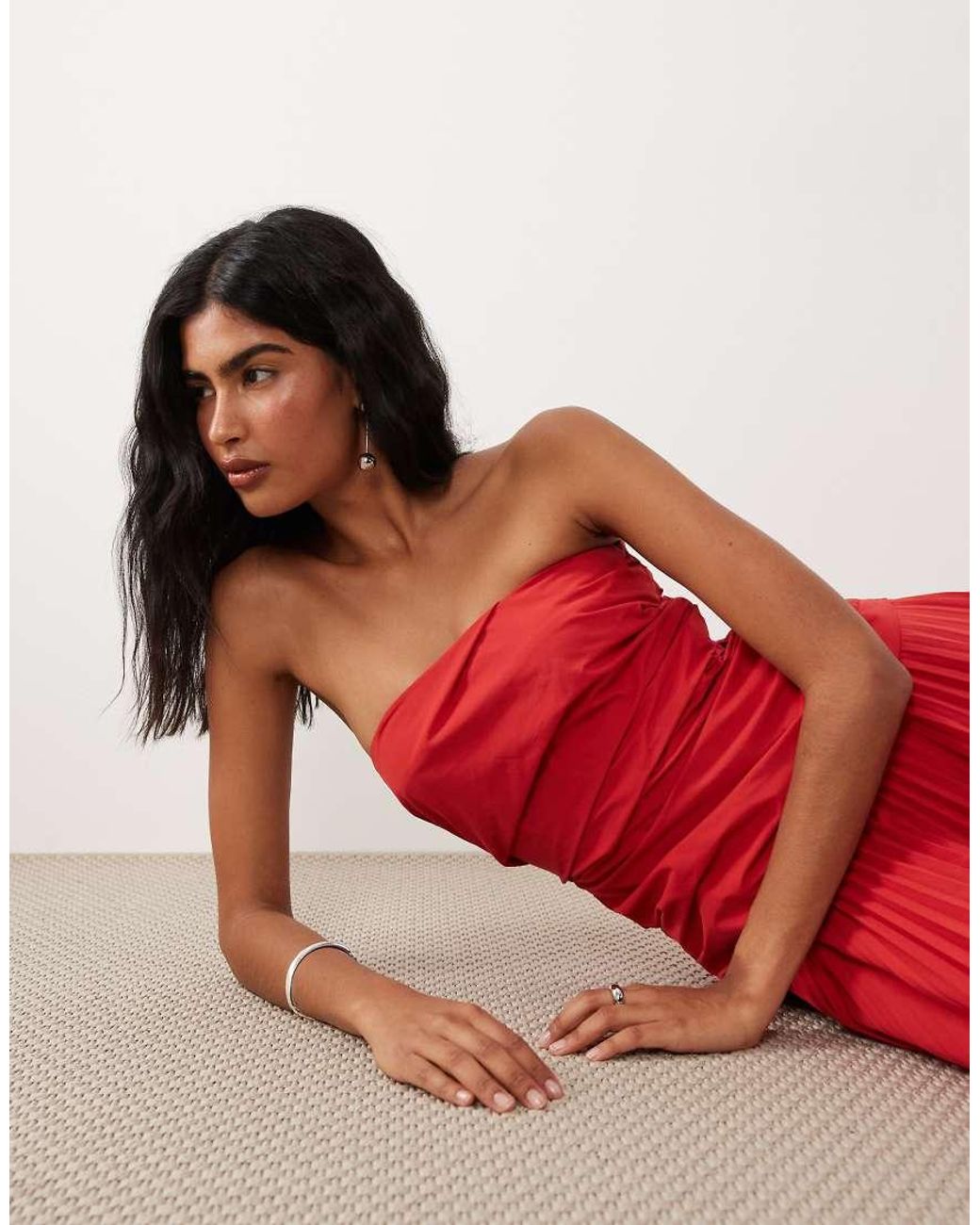 Mango Red Structu Off Shoulder Pleated Hem Maxi Dress