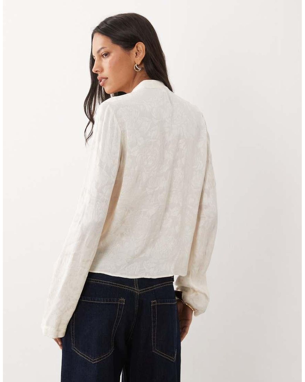Mango Natural High Neck Jacquard Long Sleeve Blouse With Button Detailing