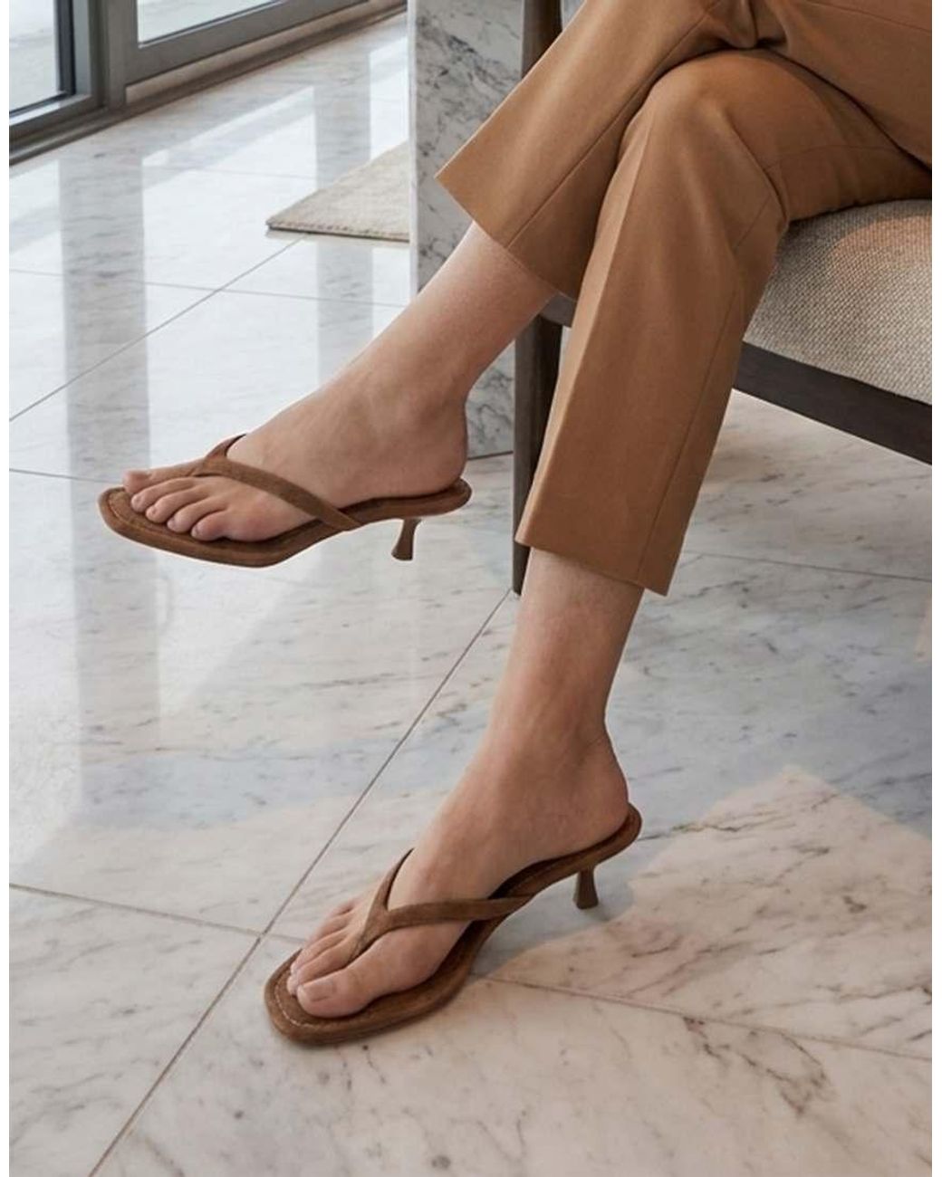SEQWL Brown Thong Mule Kitten Heel Sandals With Minimalist Straps