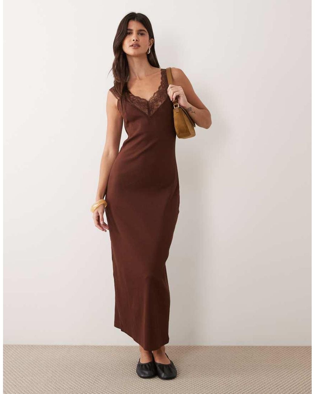 Miss Selfridge Brown V-Neck Cami Maxi Dress With Picot Trim