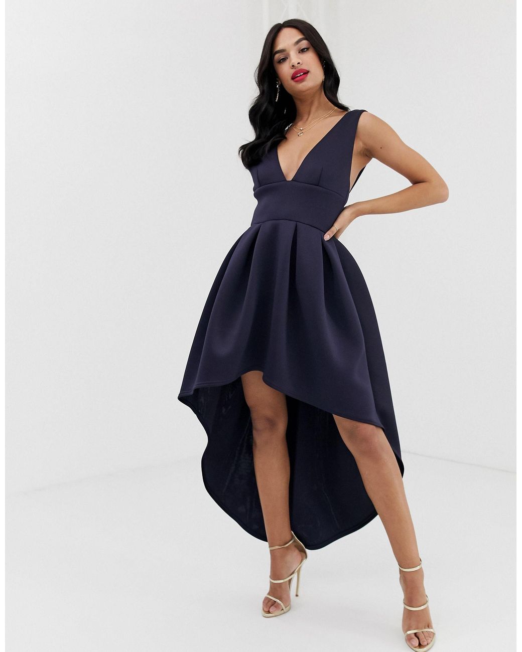 True Violet Exclusive Plunge Front High Low Skater Dress in Blue | Canada