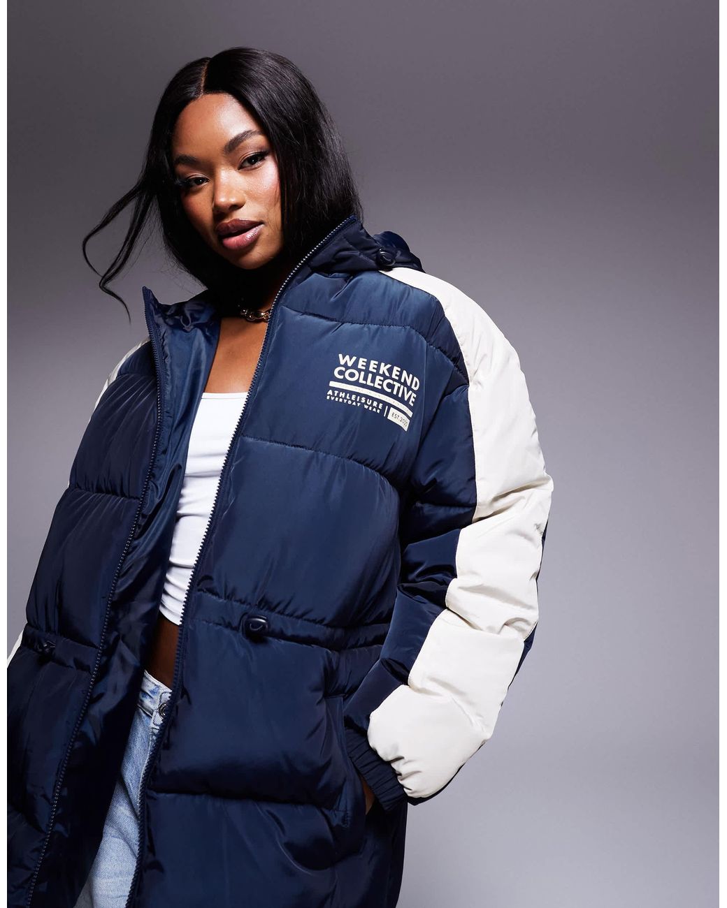 ASOS Weekend Collective Waisted Padded Coat With Logo in Blue | Lyst