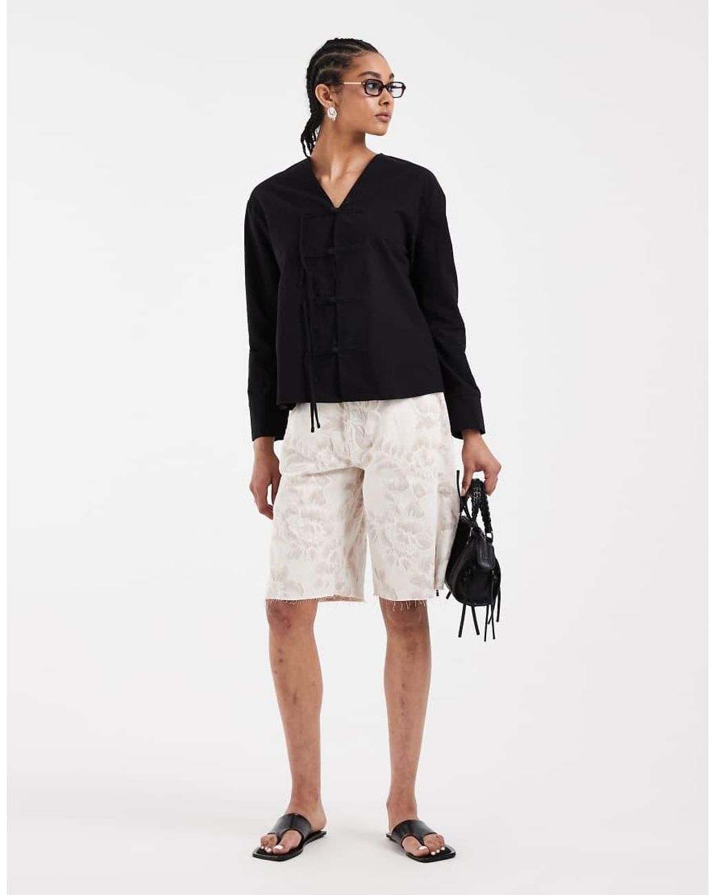 ASOS Black Mandarin Detailing Tie Front Blouse