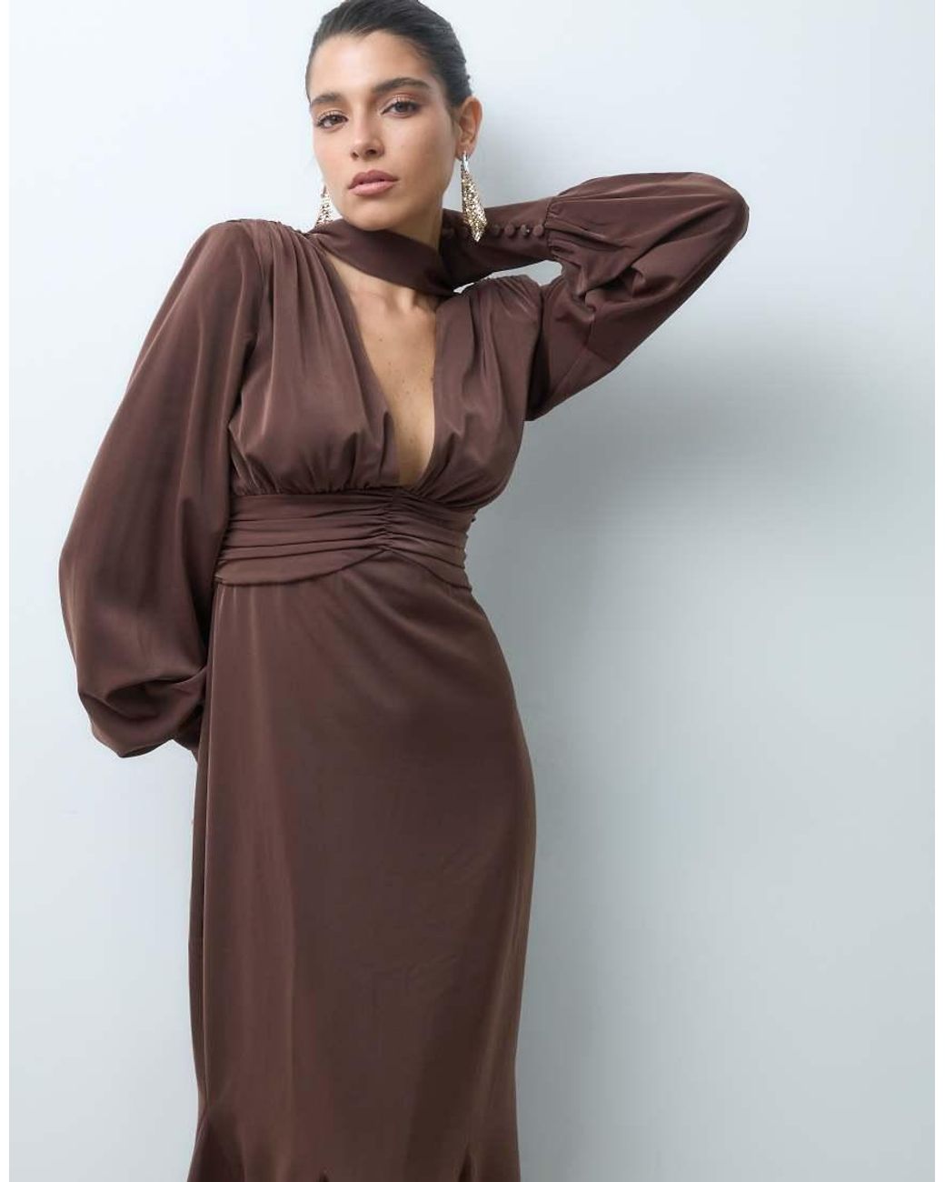 Pretty Lavish Brown Satin Scarf Neck Blouson Sleeve Fishtail Maxi Dress
