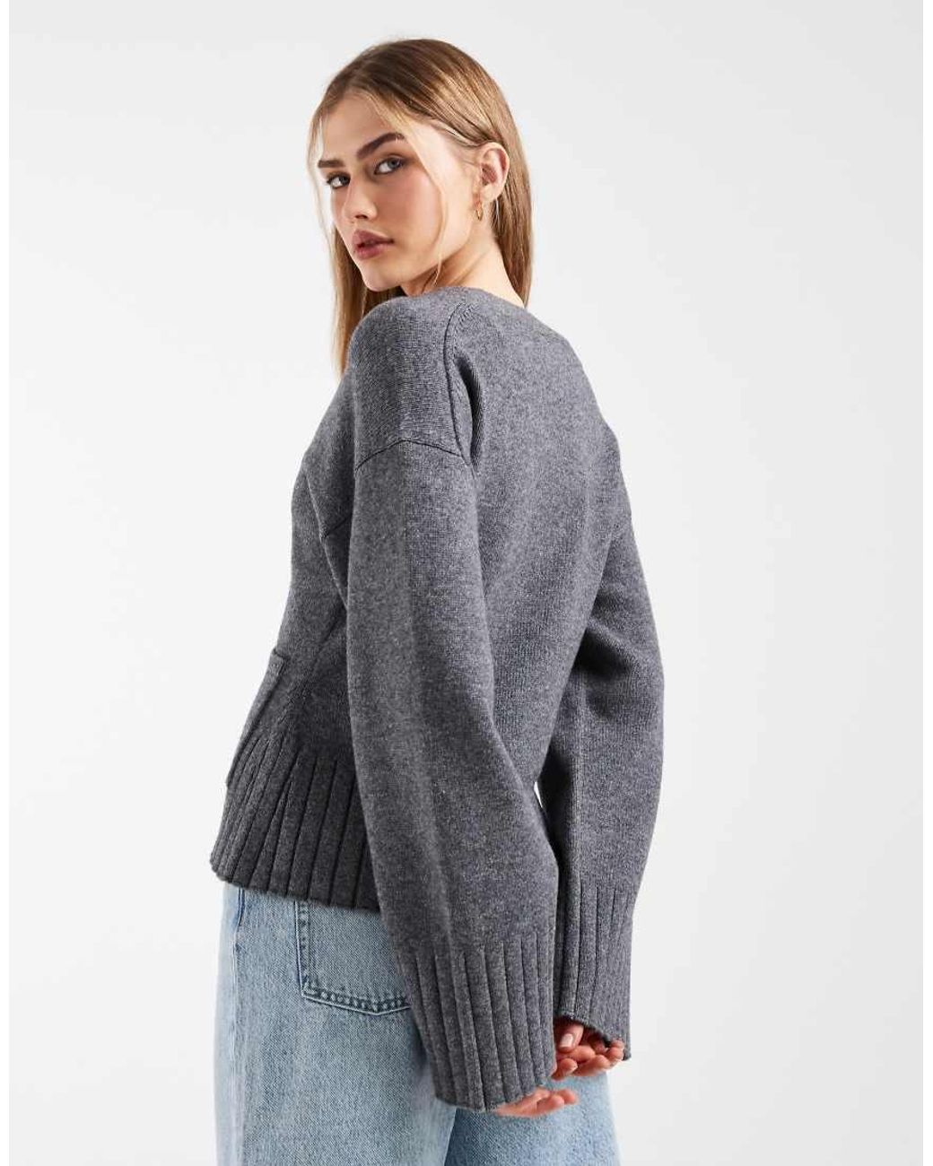 & Other Stories Gray Wool-blend Cardigan With Cinched Waist And Volume Sleeves
