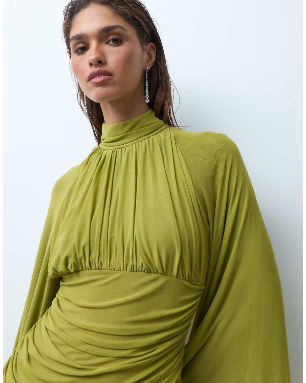 ASOS Brown Mesh High Neck Modesty Maxi Dress With Waterfall Sleeve Detail