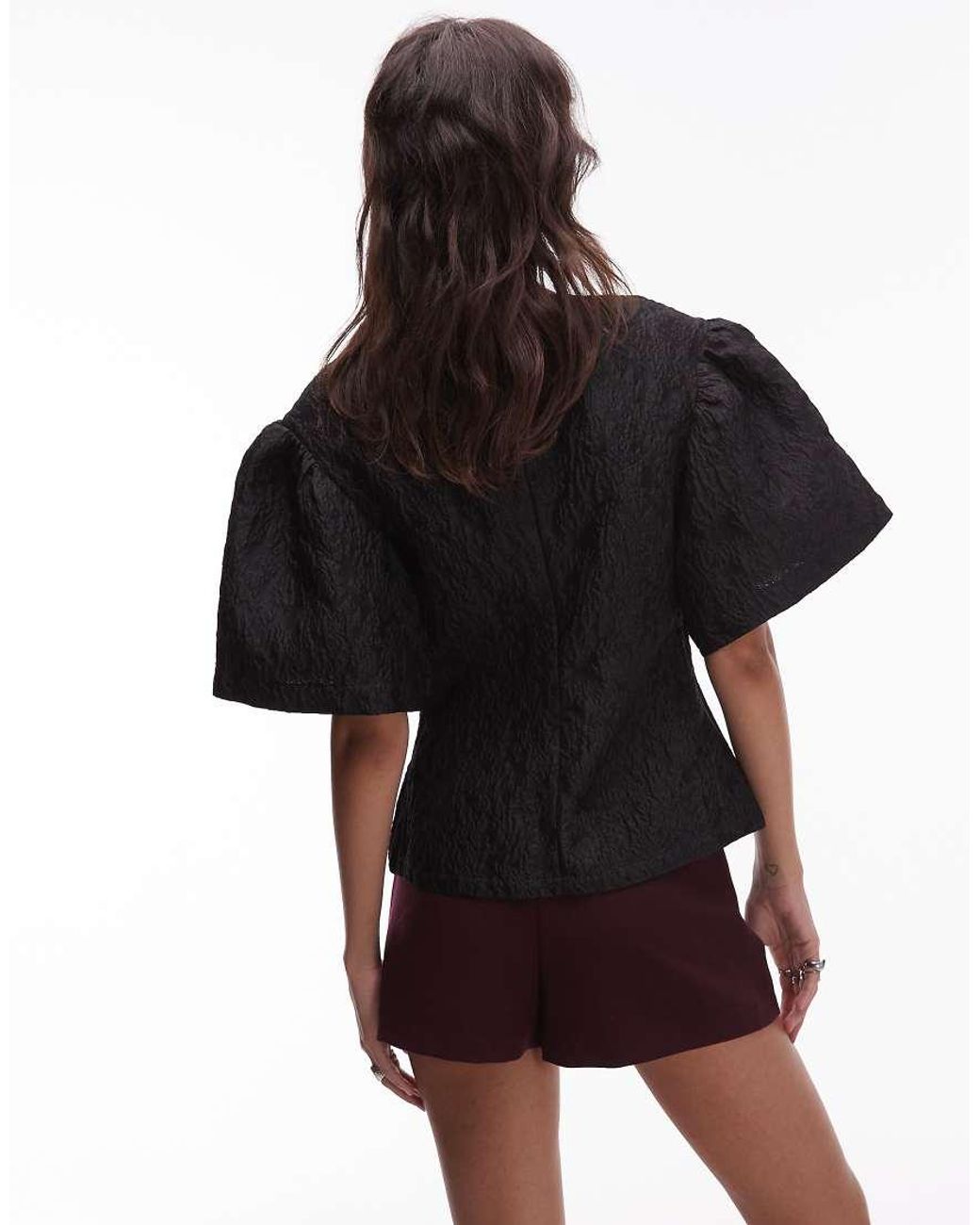 & Other Stories Black Pouf Sleeve Jacquard Texture Top