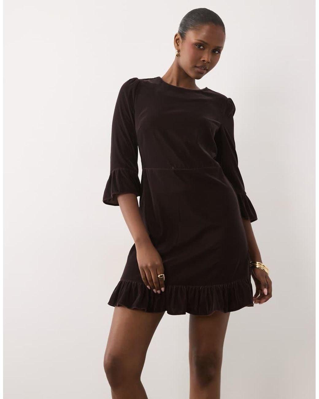 Nobody's Child Black Fleur Quarter Length Sleeves Frill Hem Cord Mini Dress