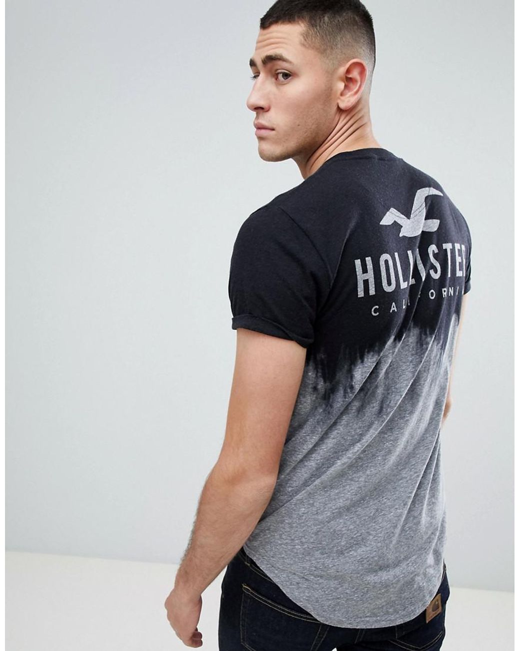 Hollister Chest & Back Logo Acid Wash Ombre Longline T-Shirt In