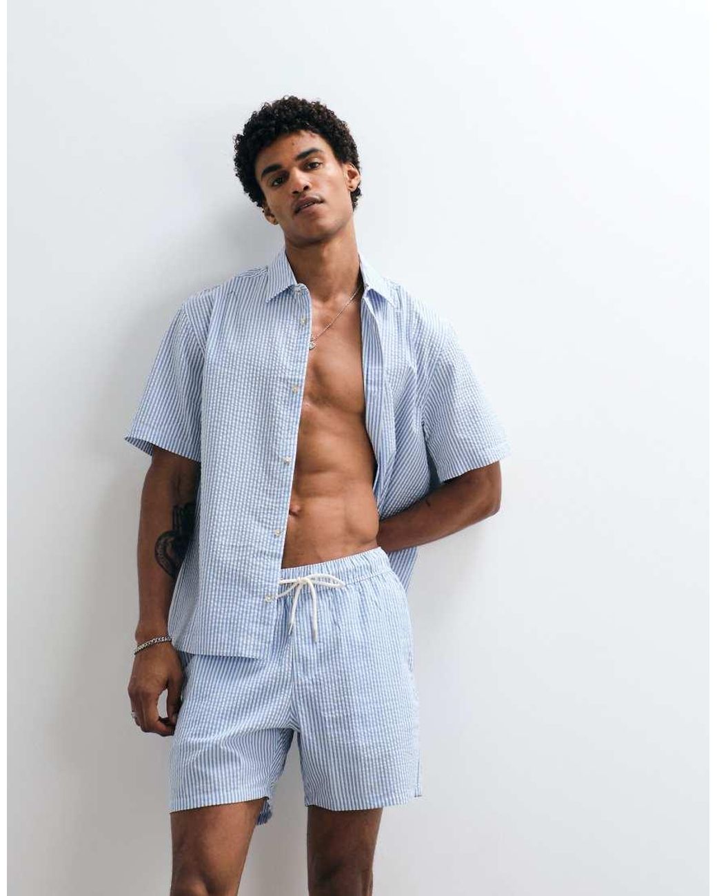 ASOS White Co-Ord Seersucker Swim Shorts for men