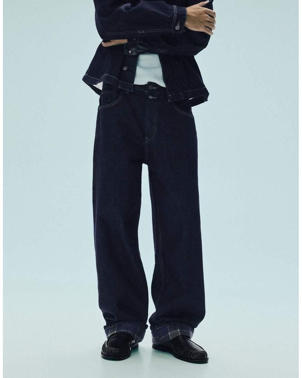 Pull&Bear Blue Checked Turn-up Hem Jeans for men