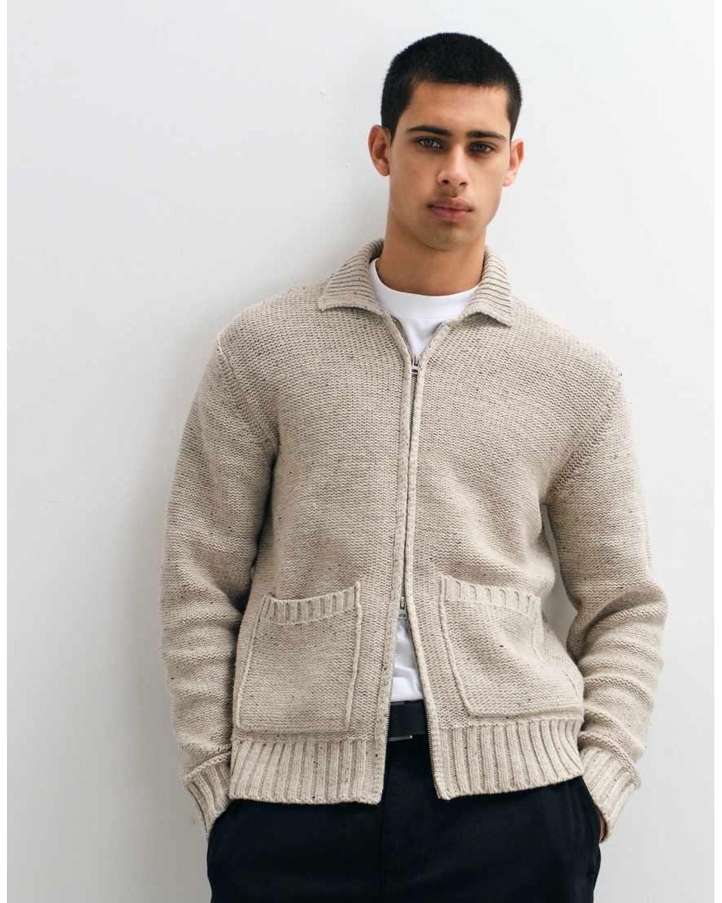 Only & Sons Natural Relaxed Fit Double Zip Knit Cardigan for men
