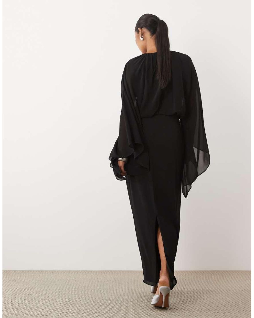 TFNC London Black Chiffon Cape Detail Long Sleeve Maxi Dress