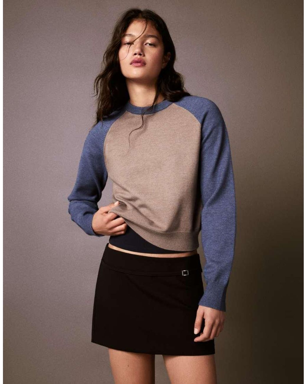 Bershka Brown Round Neck Raglan Jumper
