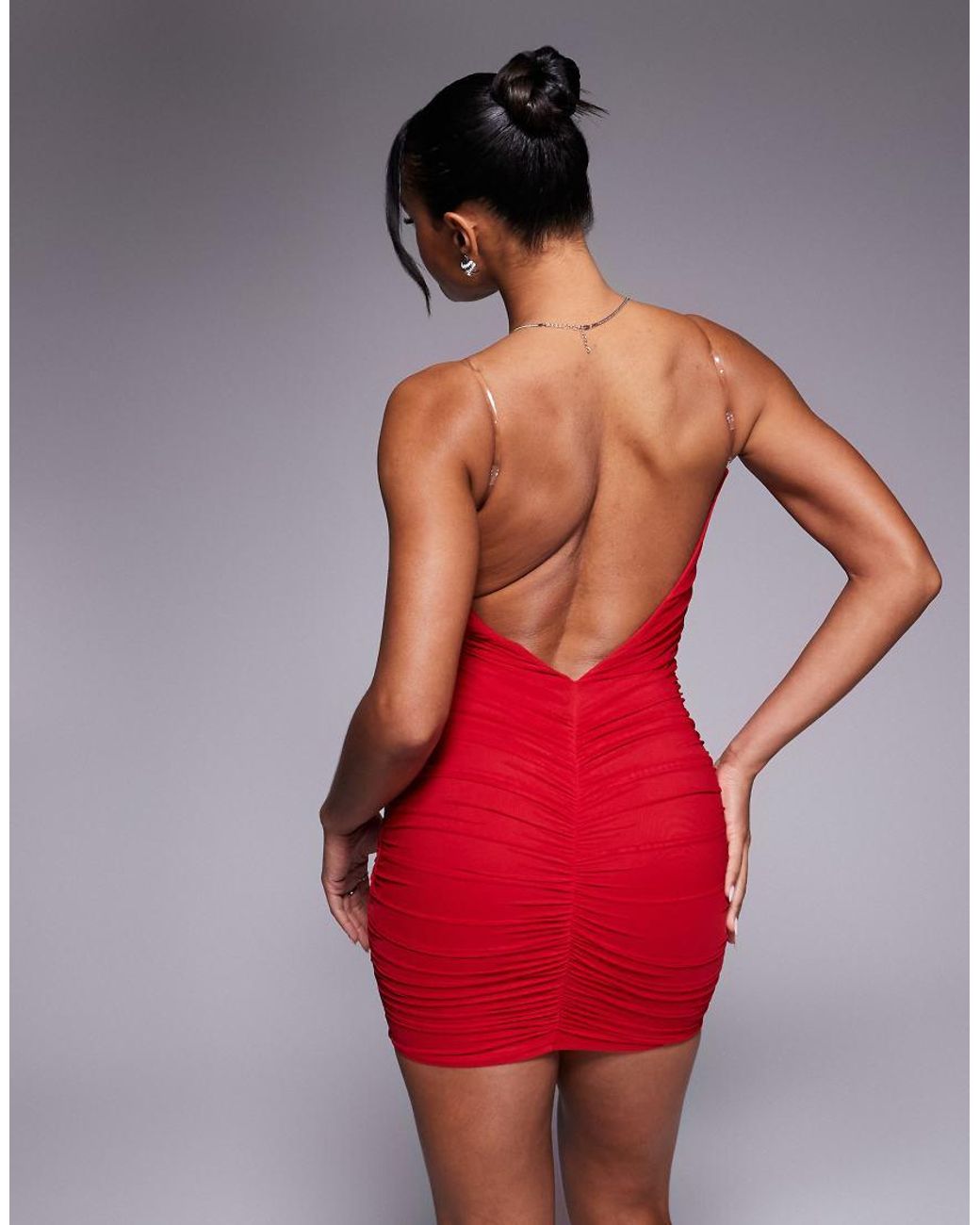 Oh Polly Red Femi Bandeau Ruched Mini Dress With Clear Straps