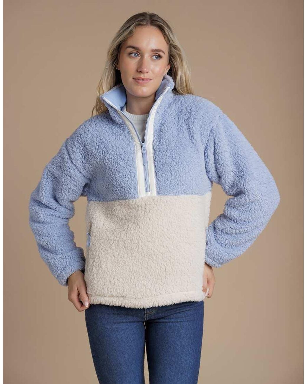 French Connection Blue Borg Colourblock High Neck 1/2 Zip Fleece Pullover