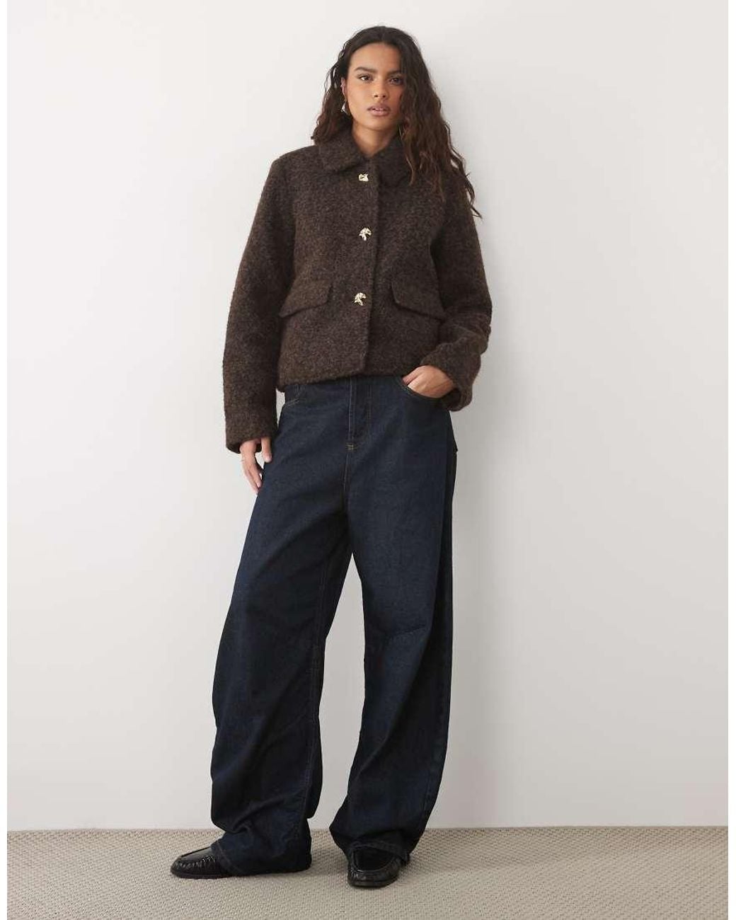 Vero Moda Brown Short Fluffy Textured Jacket With Gold Hammered Buttons