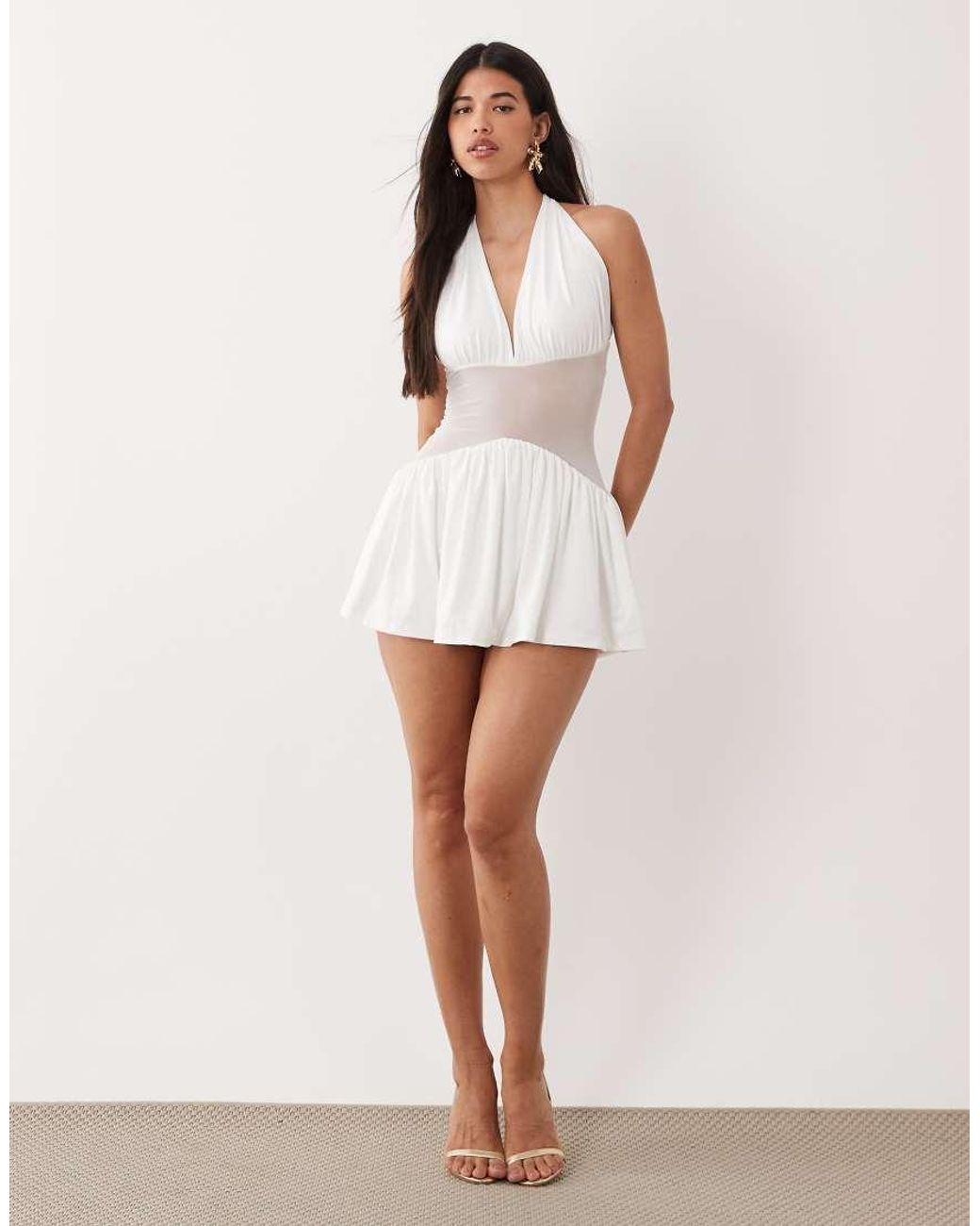 Aria Cove White Double Layered Slinky Halterneck Mesh Insert Detail Mini Dress