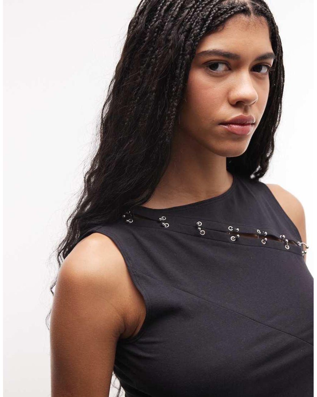 Weekday Black Asymmetric Eyelet Detail Tank Top