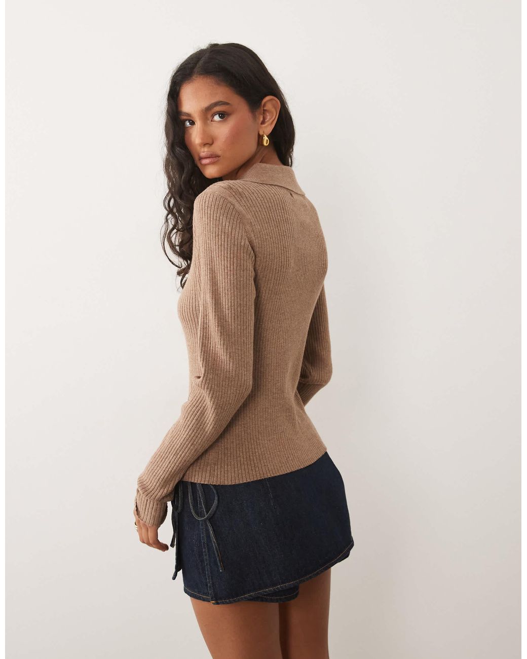 Threadbare Brown Long Sleeve Knit Polo Top