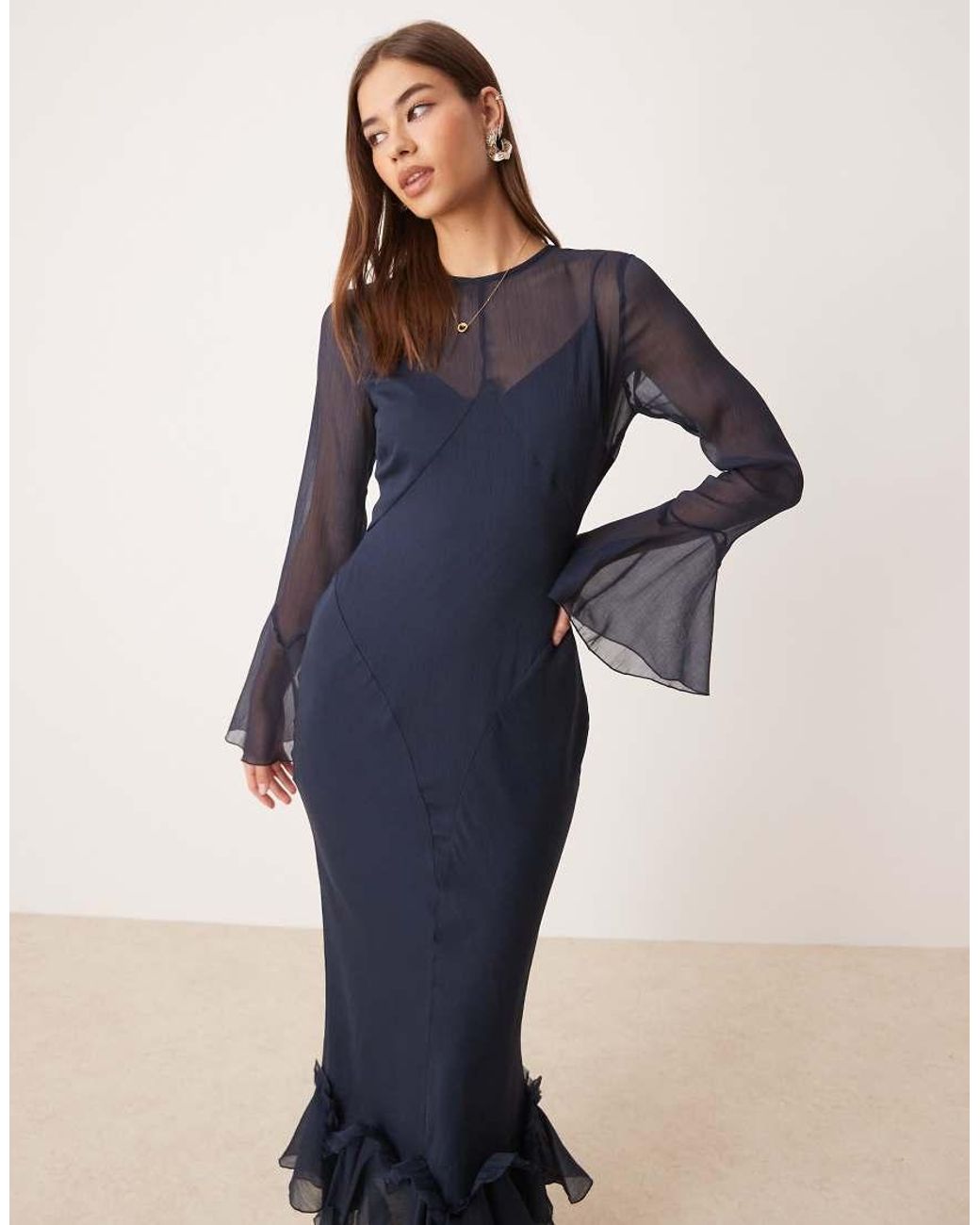 ASOS Blue Flutter Sleeve Maxi Dress With Frill Hem