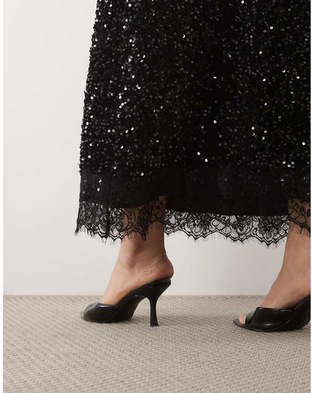 Vila Curve Black Sequin & Velour Maxi Skirt Co-Ord With Lace Trim