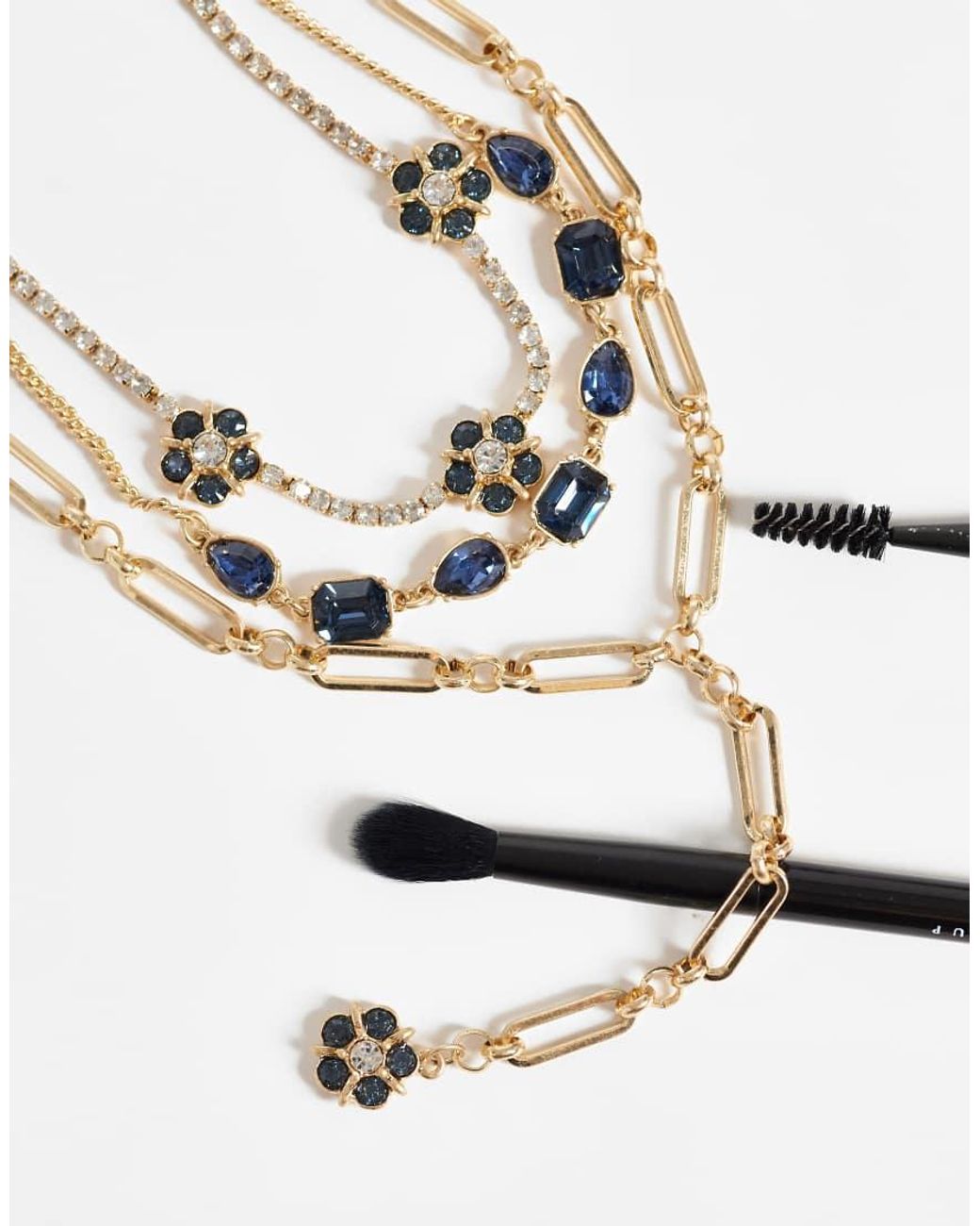 ASOS Multicolor Multirow Necklace With Mix Chain Detail And Blue Stone Set