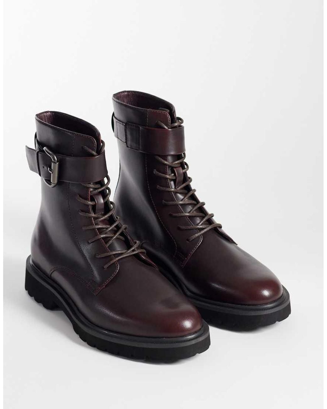 ASOS Black Lace Up Boots With Buckle Detail And Cleated Sole for men