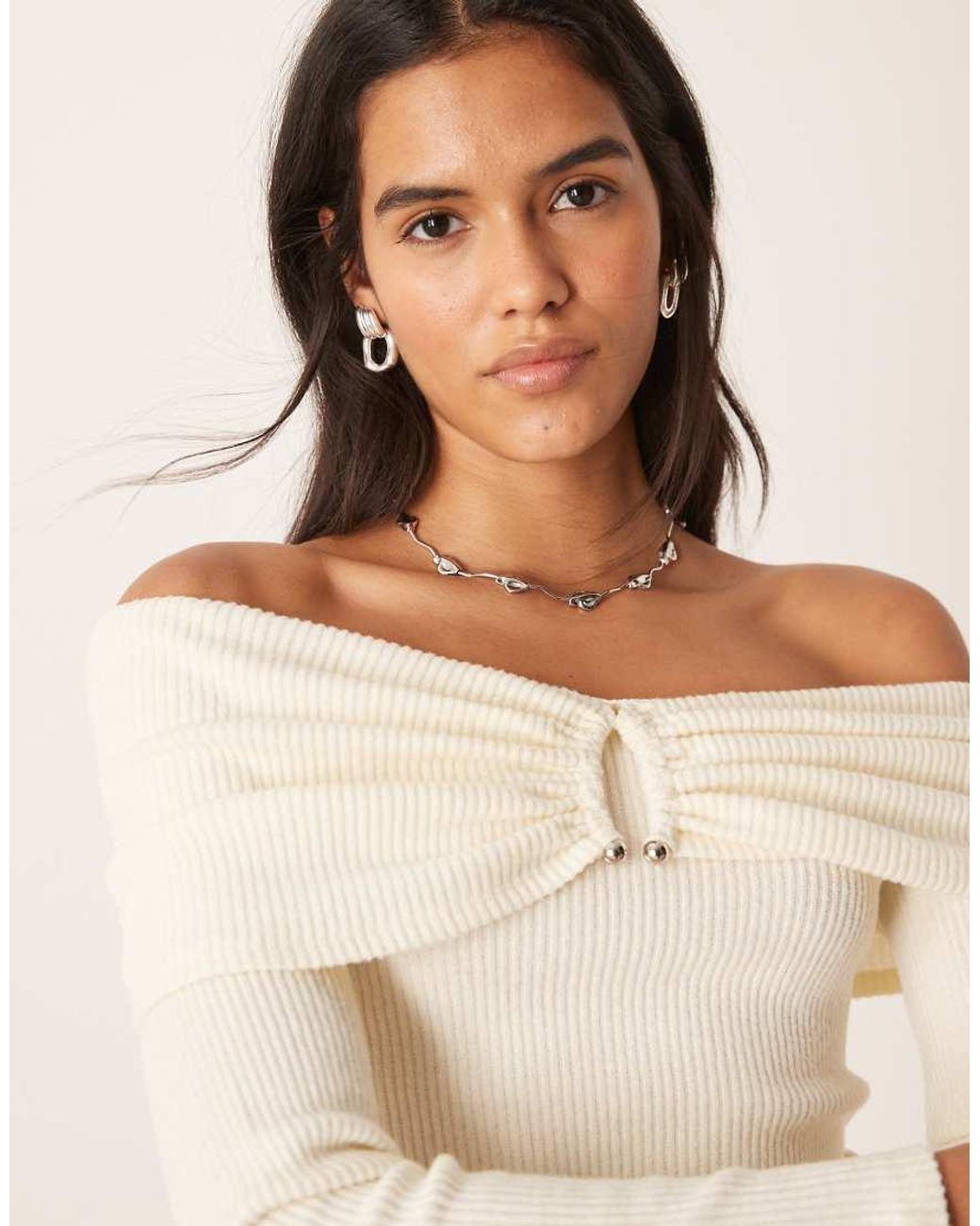 ASOS Blue Supersoft Brushed Rib Hardware Detail Off Shoulder Jumper