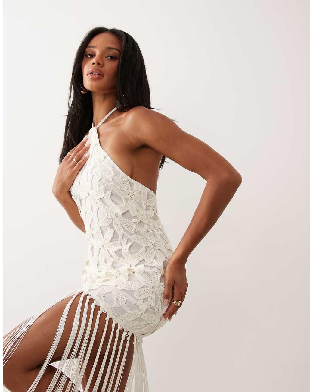 Missy Empire White Crochet Flower Overlay Halterneck Fringe Hem Maxi Dress