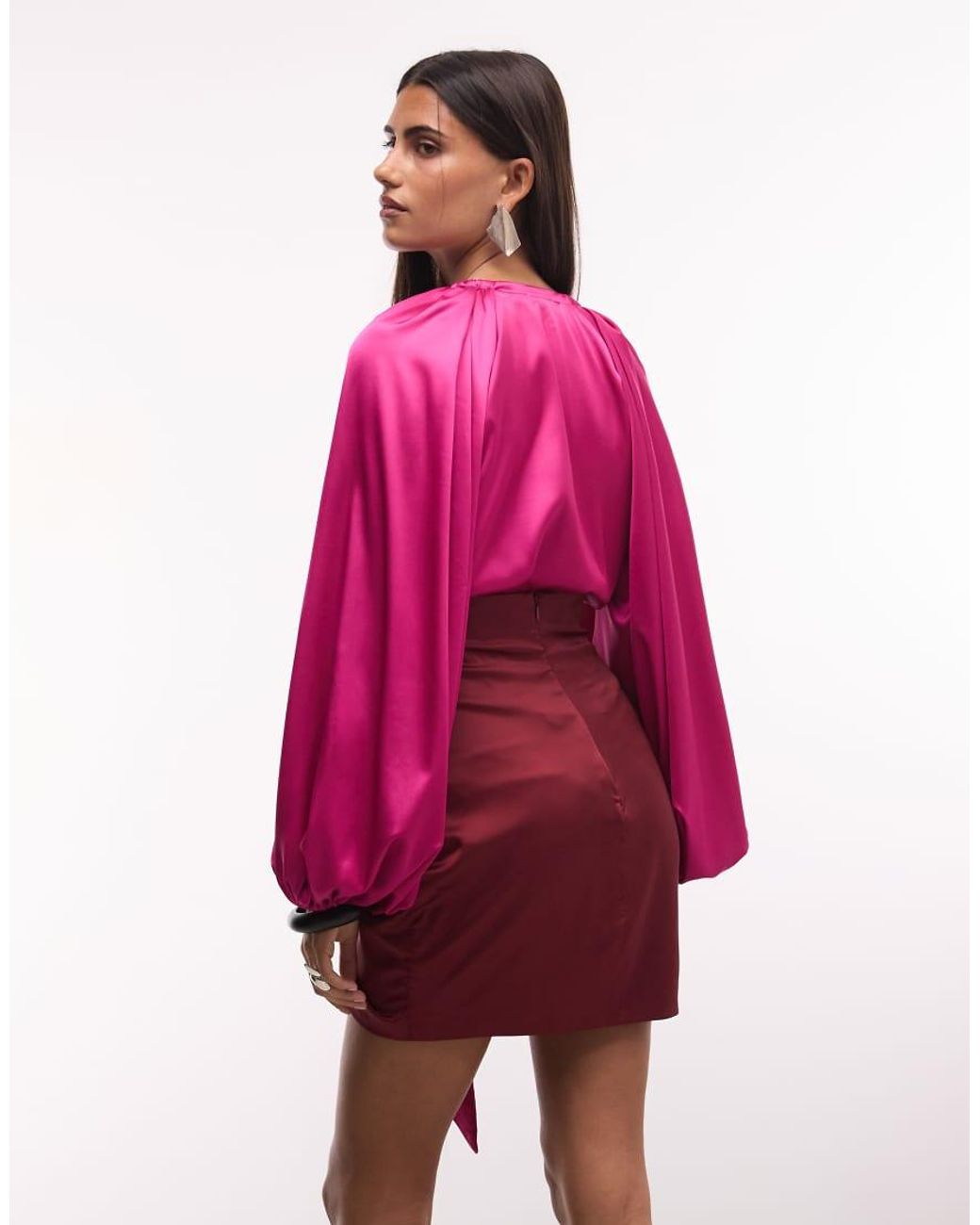 The Dolls House Pink Beaudelle Premium Satin Deep Plunge Neck Balloon Sleeve Ruched Mini Dress