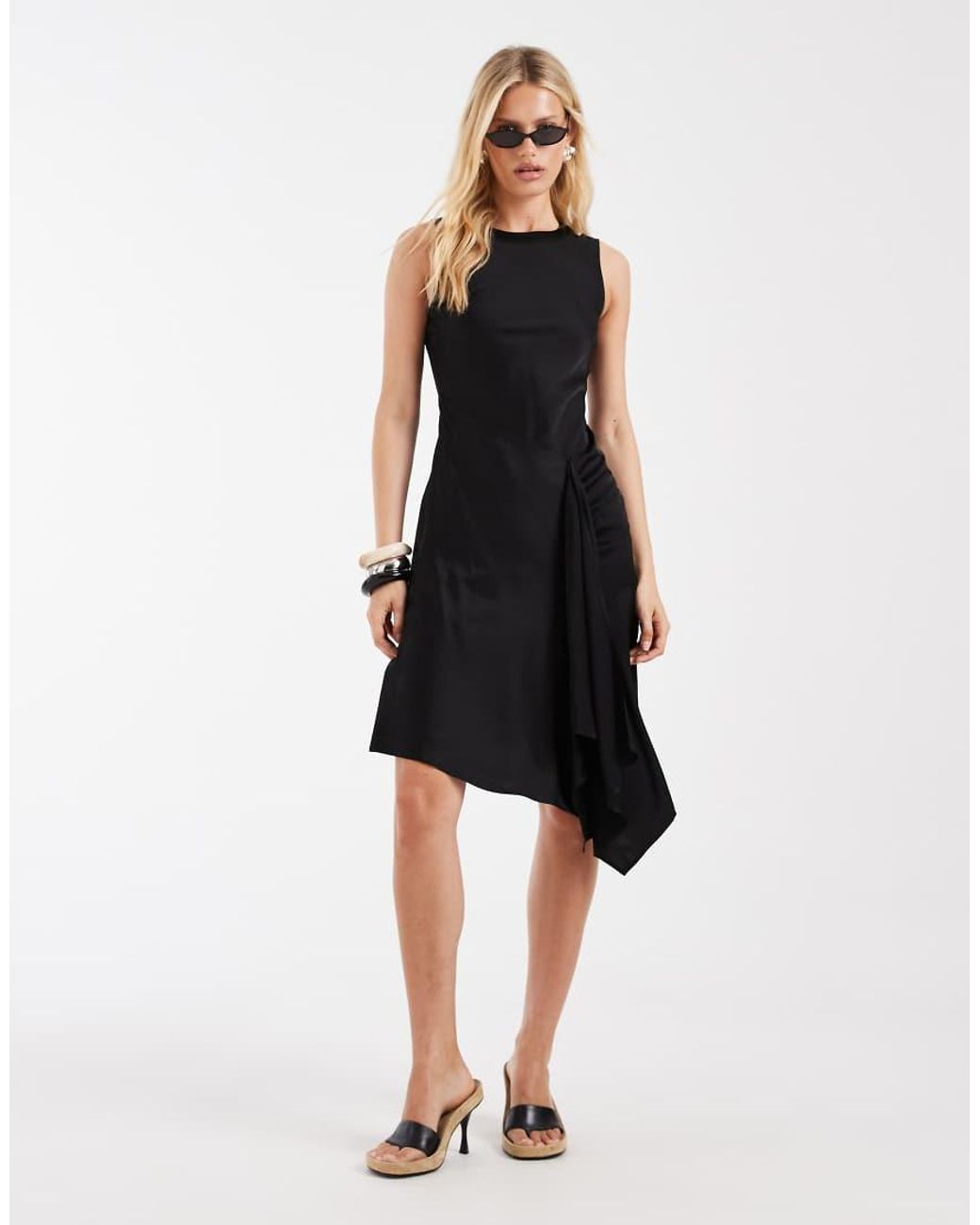 & Other Stories Black Sleeveless Satin Dress With Asymetric Hem