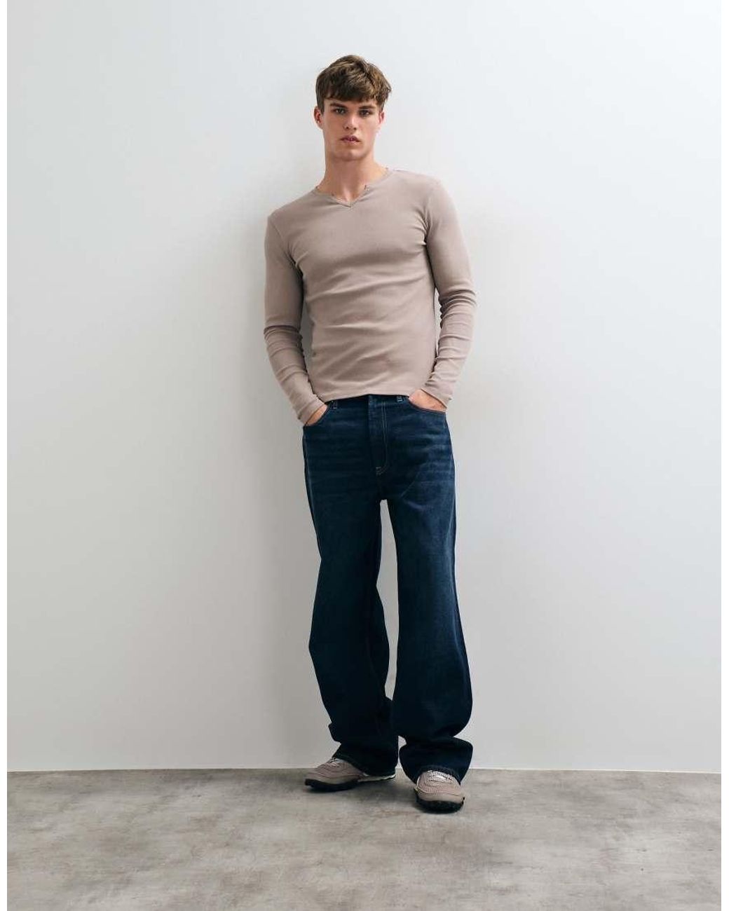 ASOS Gray Muscle Fit Long Sleeve T-shirt With Notch Neck for men