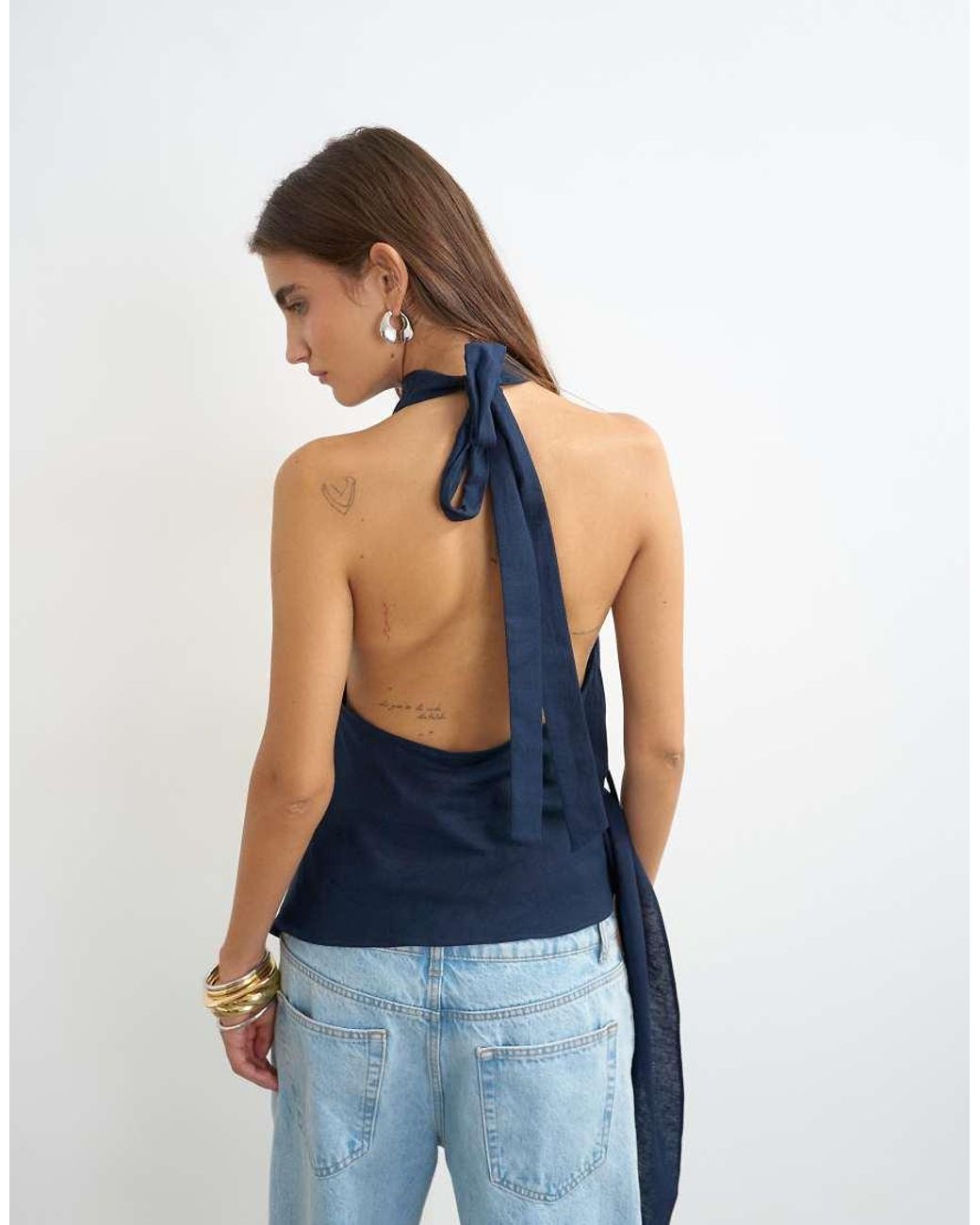 TOPSHOP Blue Linen Rich Cowl Tie Detail Top