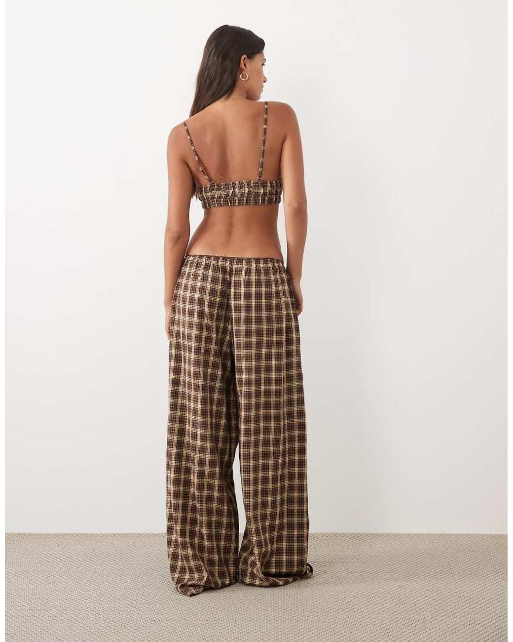 ASOS Brown Woven Check Crop And Wide Leg Trouser Pyjama Set With Lace Trim