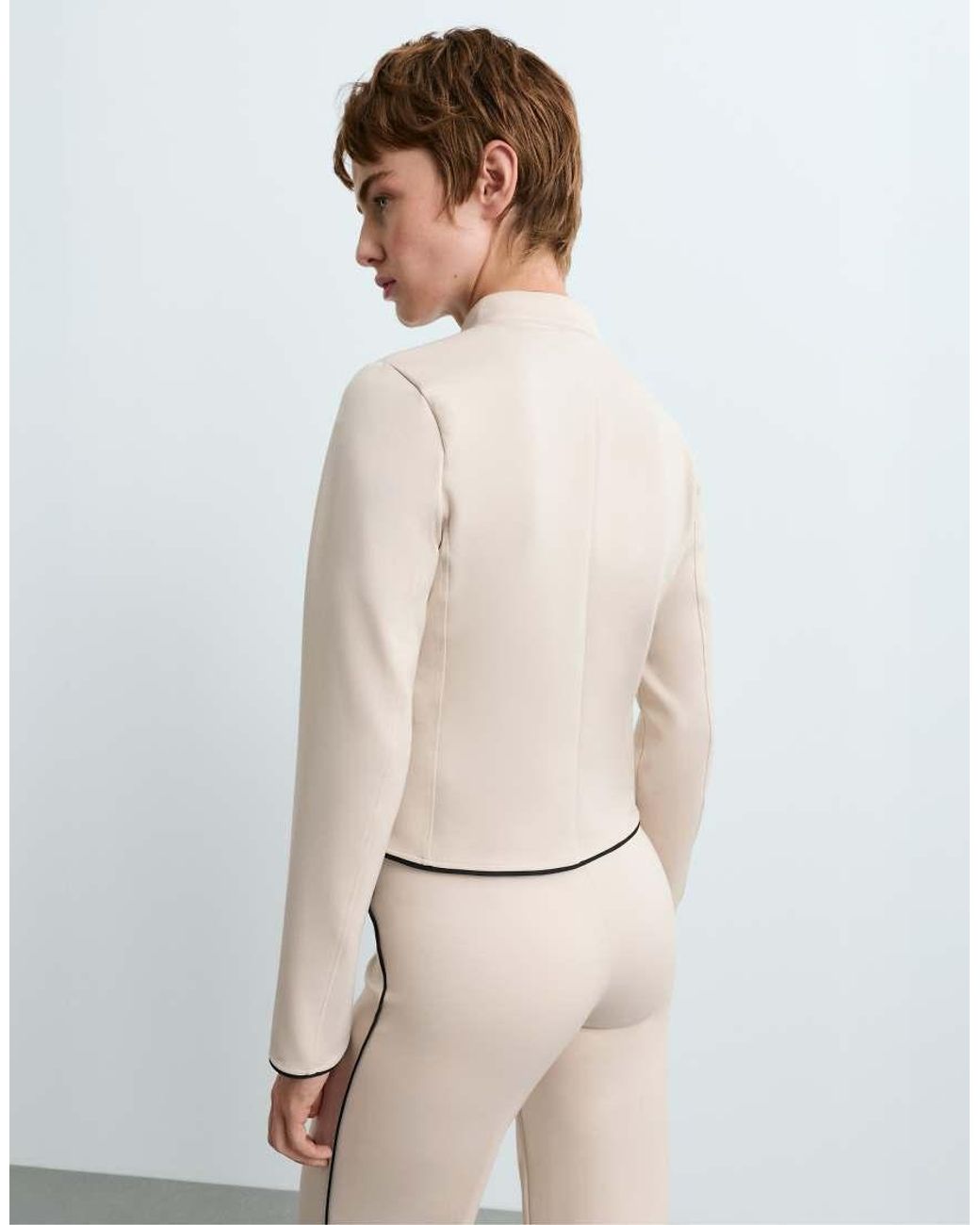 Oysho White Neoprene-Effect Jacket With Mandarin Collar And Piping