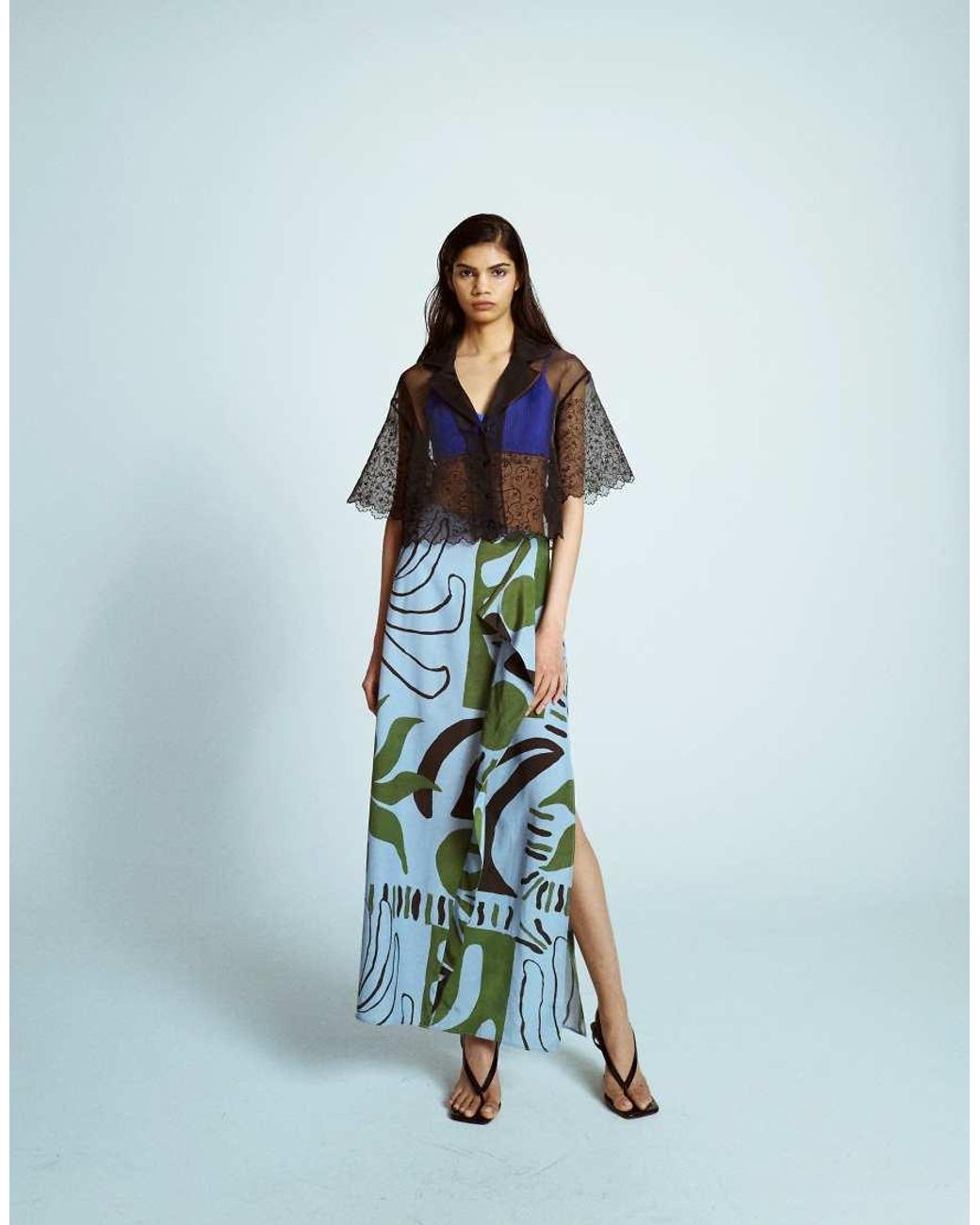 TOPSHOP Blue Crop Organza Embroidered Shirt