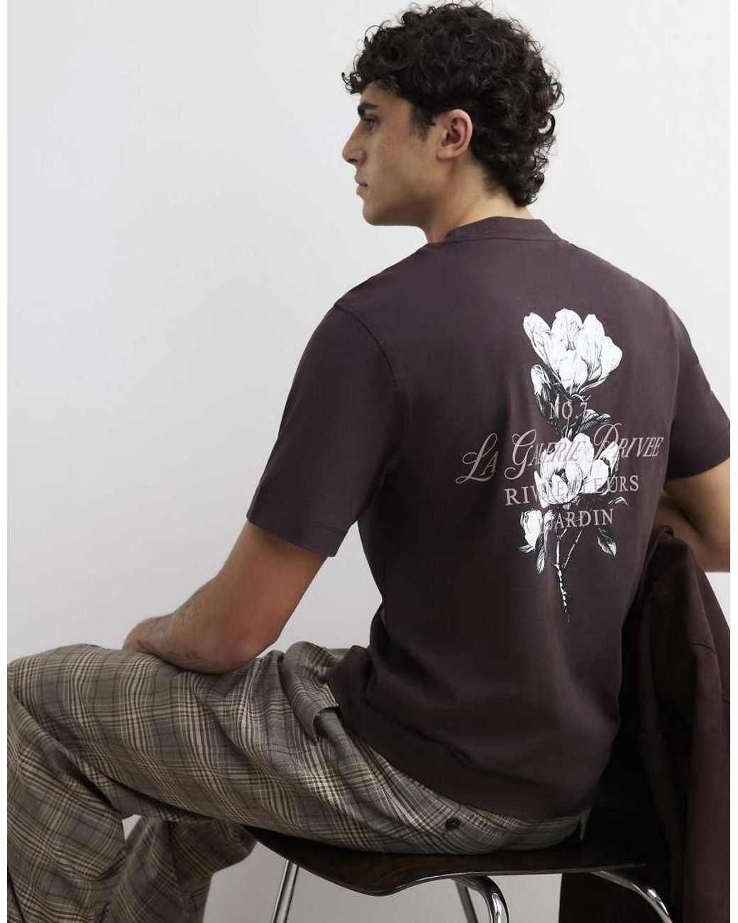 River Island Black Cotton Floral Print T-Shirt for men