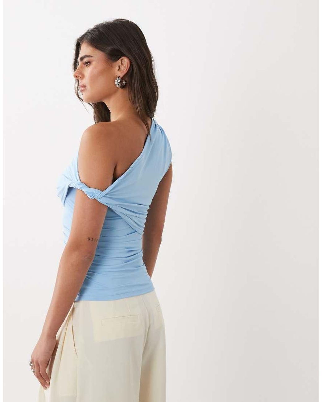 ASOS Blue Polyamide Ruched Twist Side Cut Away Draped Top